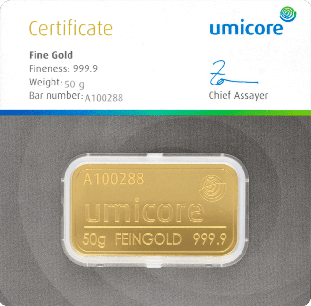 50 g Goldbarren Umicore-zertifiziert